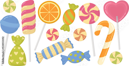 Set of colorful candies and caramels isolated on transparent background. Illustration of delicious sweets and lollipops