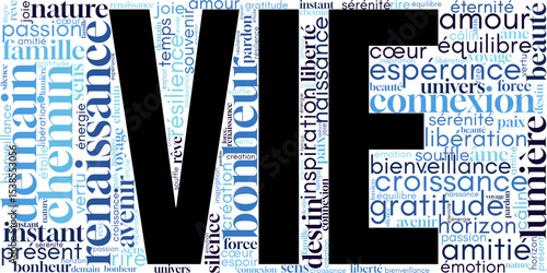 Nuage de mots en français autour de "vie". Mots positifs liés à l’existence, l’amour, la liberté, les émotions et le chemin de vie. Idéal pour affiches, coaching ou déco intérieure