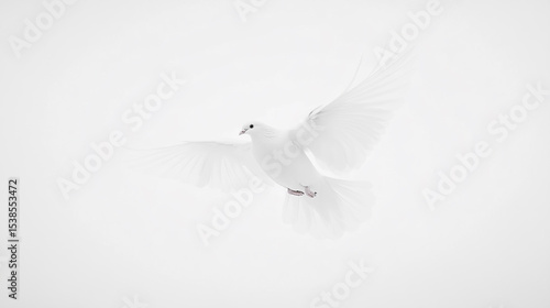 Graceful white dove soaring against a pure white background