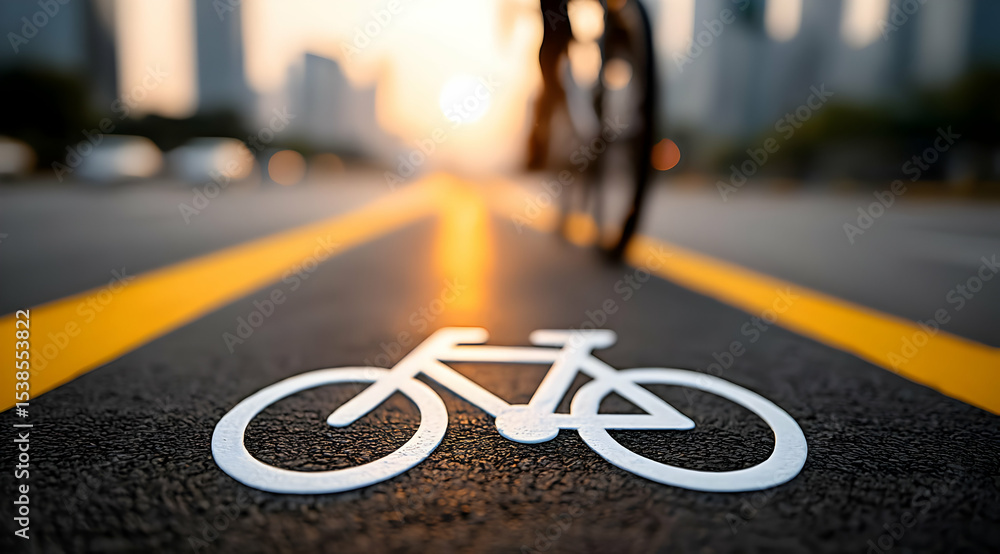 A close-up view of a bicycle lane marking with a blurred cyclist in the background during sunset in an urban setting. A close-up view of a bicycle lane marking with a blurred cyclist in the background during sunset in an urban setting.