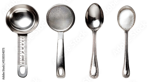 Set of measuring spoons and strainer isolated on transparent background