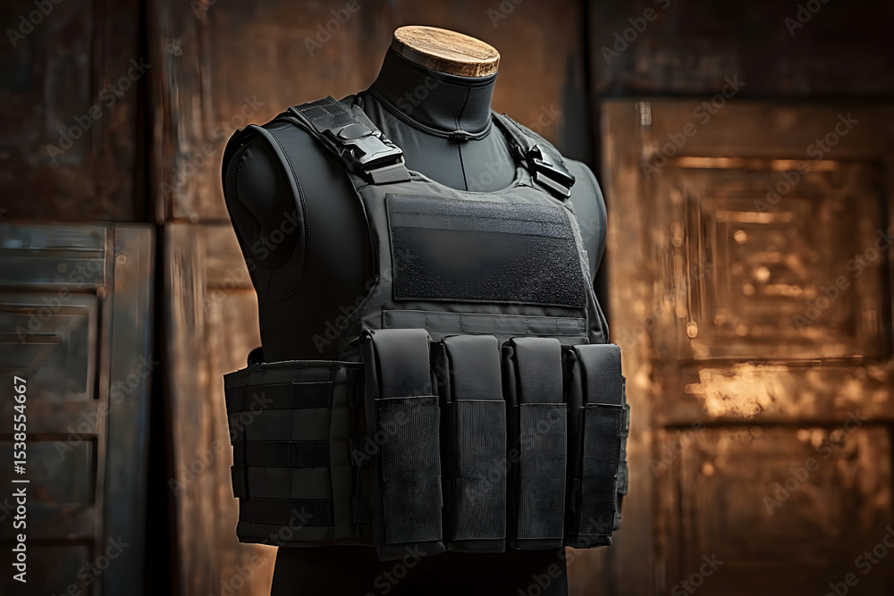 Obraz premium Szczegółowy obraz kamizelki taktycznej prezentowanej na manekinie, prezentujący jej konstrukcję i funkcjonalność.