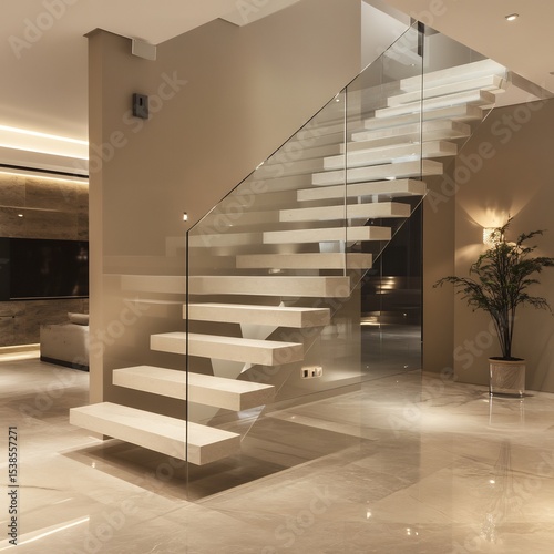 Modern Floating Staircase with Glass Railings and Suspended Walkway – Sleek Architectural Design Featuring Open Riser Steps, Minimalist Aesthetic, and Contemporary Interior Structure
