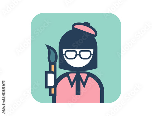 絵筆を持った画家のシンプルな四角いカラフルカラーイラストアイコン