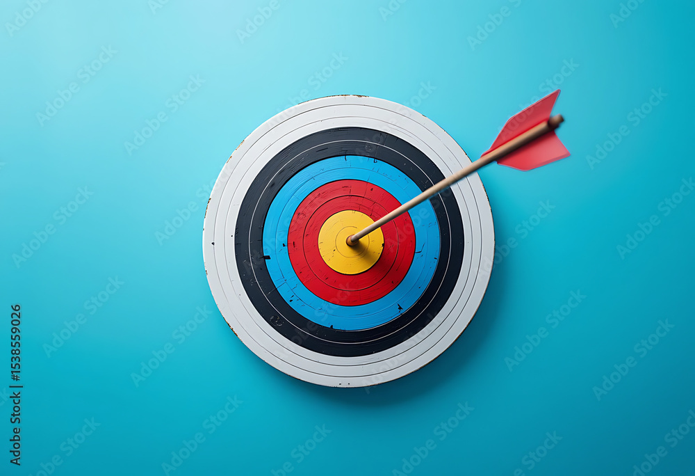 Bullseye Archery Target with Arrow on Blue Background Bullseye Archery Target with Arrow on Blue Background