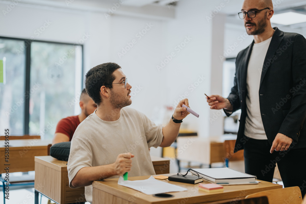 High school classroom scene with a teacher helping a student. The student is engaged in a learning activity, fostering an educational and interactive environment. High school classroom scene with a teacher helping a student. The student is engaged in a learning activity, fostering an educational and interactive environment.