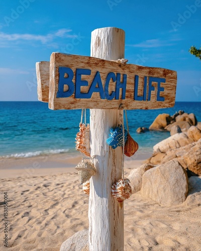Wooden sign post with text BEACH LIFE at the beach. Generative Ai