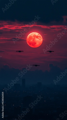 Blood moon over city skyline