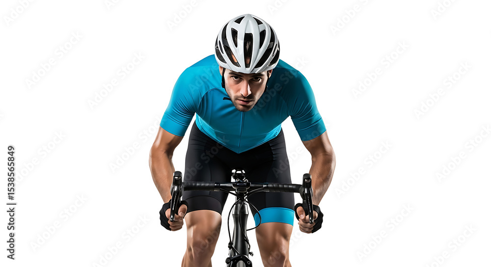 Fototapeta premium Cyclist Riding Bike Front View in Blue Jersey and Helmet