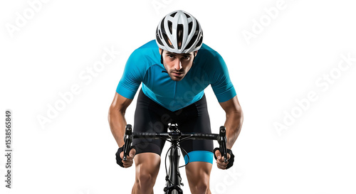 Cyclist Riding Bike Front View in Blue Jersey and Helmet