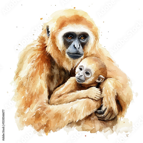 A Mother Gibbon With Her Kid, watercolor clipart vector, isolated on a white background.