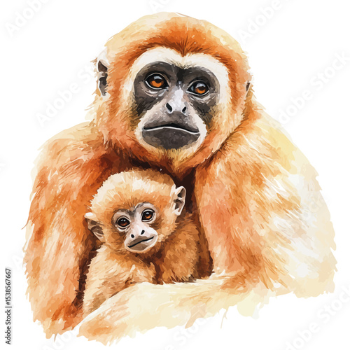 A Mother Gibbon With Her Kid, watercolor clipart vector, isolated on a white background.
