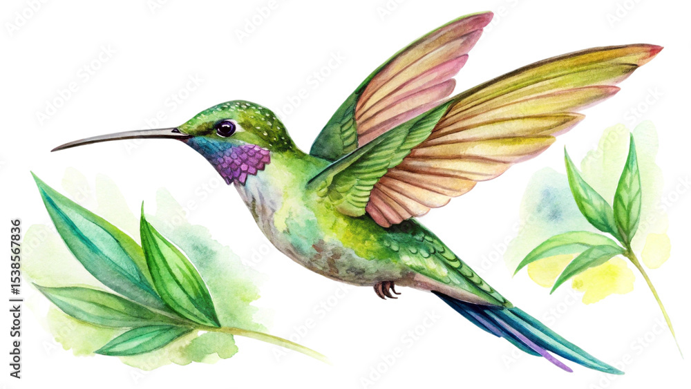 Obraz premium Colorful Hummingbird in Flight Watercolor Illustration Transparent Background