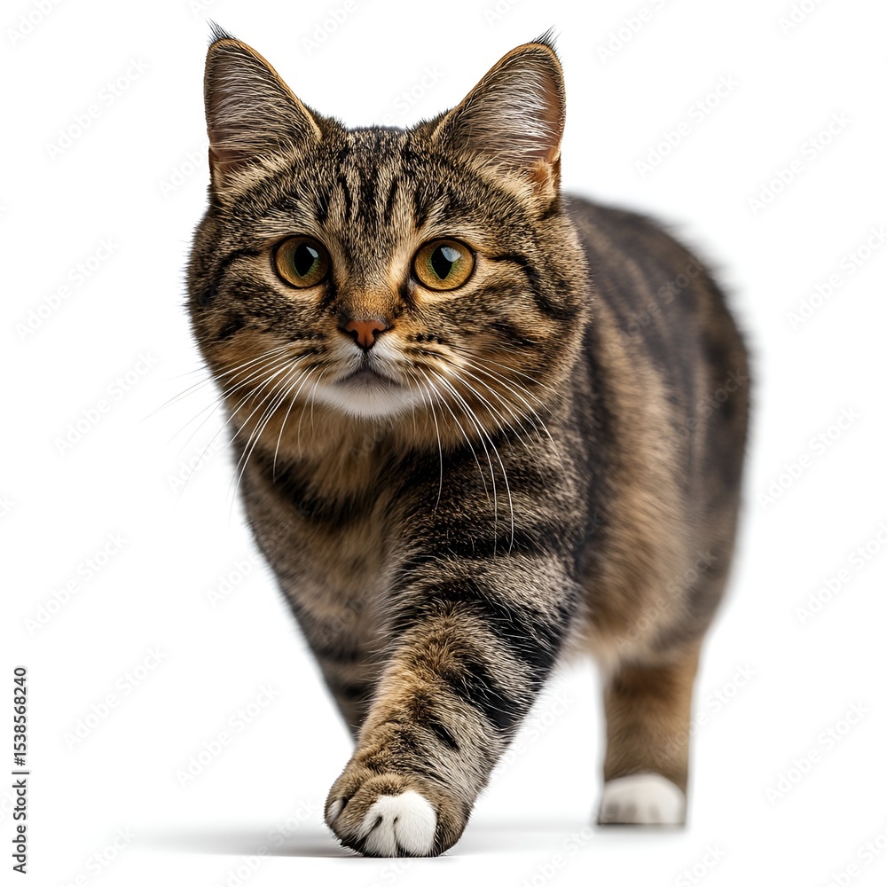 Fototapeta premium Tabby Cat Walking on White Background. Generative AI
