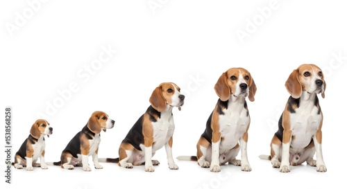 Adorable Beagle Puppy Growth Stages: From Tiny Pup to Majestic Adult Dog in a White Studio