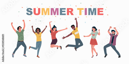 Different happy young women and men dancing. Party people dancing under confetti. Summer time. Flat style cartoon vector illustration.