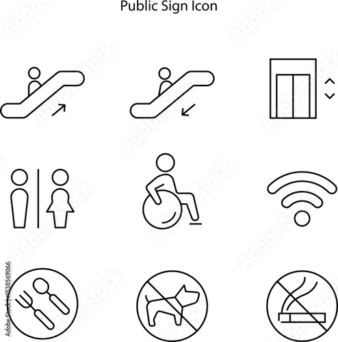 Set of public sign outline icons, containing escalator, lift, man, woman, wheelchair, wifi, fork, spoon, dog, and no smoking icons.