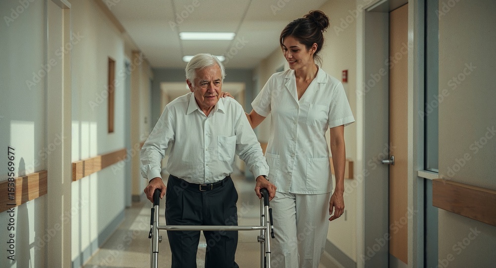 Fototapeta premium Older man using walker in hospital hallway assisted by a female nurse in white uniform assisting him