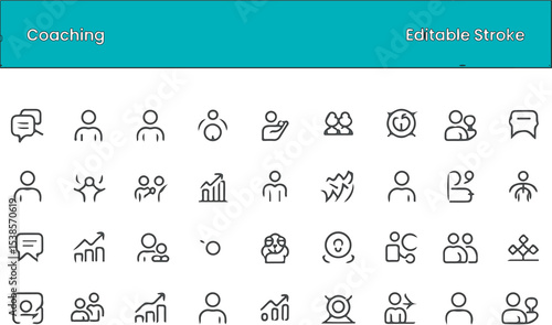 Coaching Business Icons Set Black Line Art Editable Stroke People Teamwork Growth Communication Symbols
