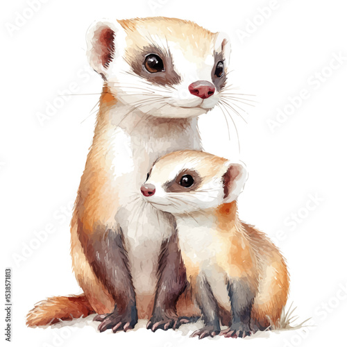 A Mother Ferret With Her Kid, watercolor painting vector, isolated on a white background.