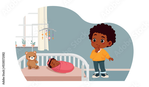 Big Brother Watching Sleeping Newborn Sister – Cartoon Vector Illustration