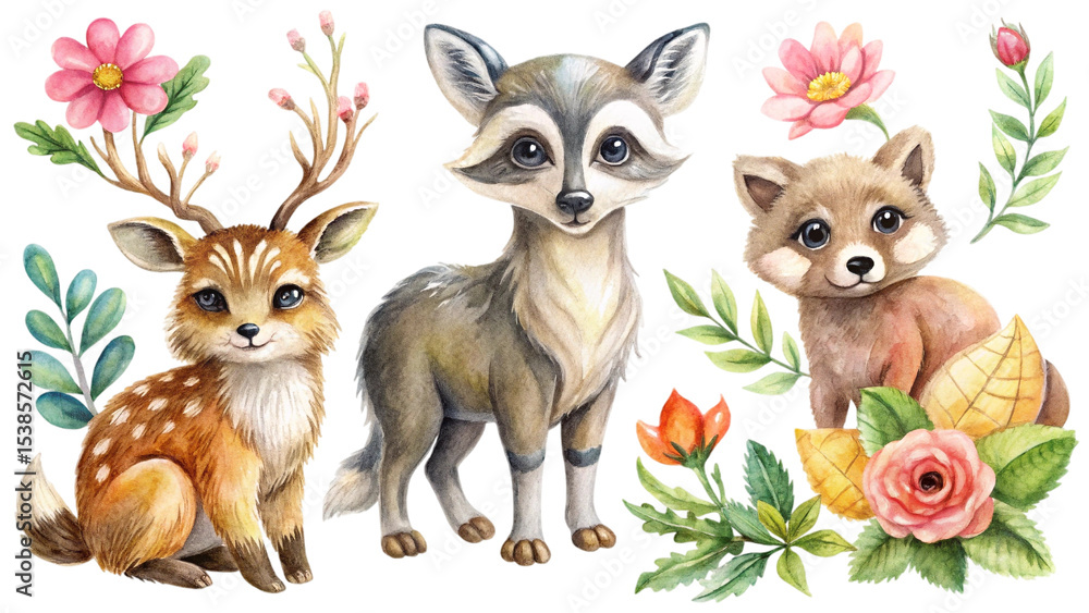 Obraz premium Jungle Animals Group with Elephant, Giraffe, and More Watercolor Transparent Background