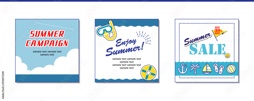 Obraz premium 爽やかな夏のイラスト・デザインセット サマーイベントやキャンペーン、バーゲンのタイトルやバナー等に