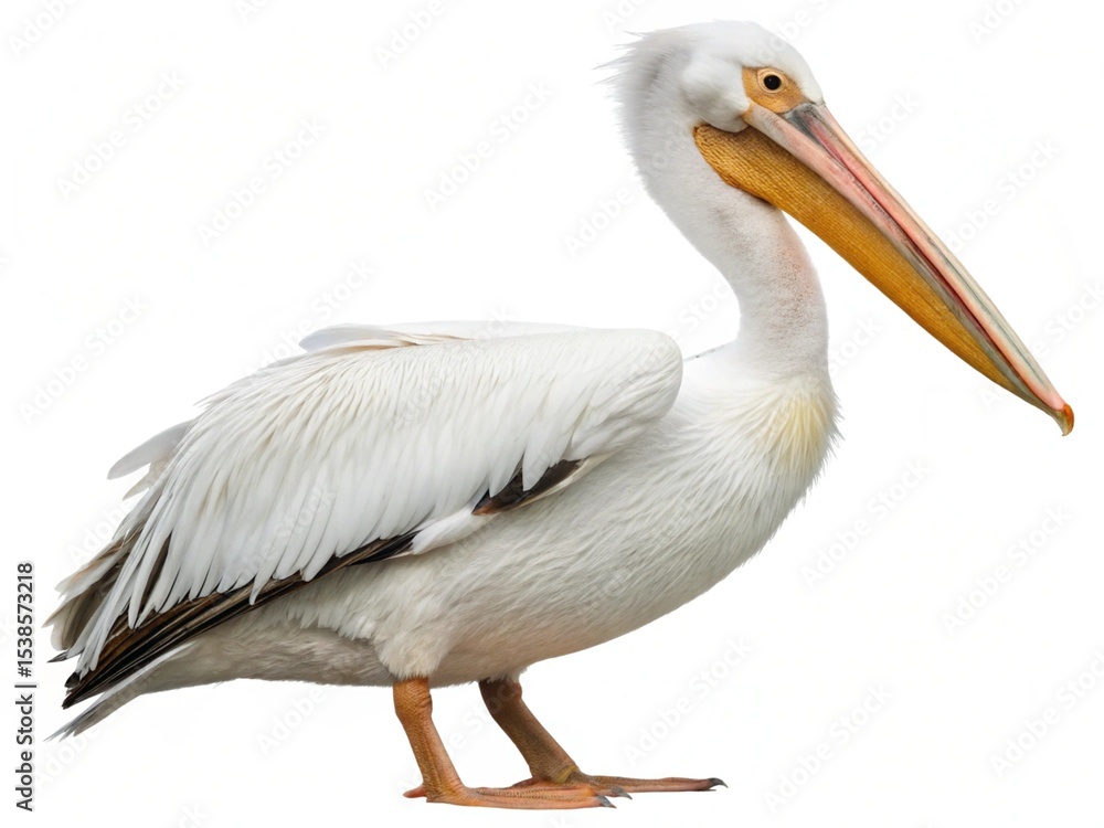 Elegant American White Pelican in Profile Against White Elegant American White Pelican in Profile Against White