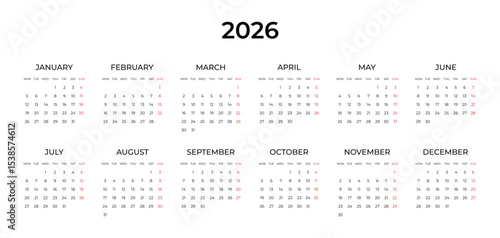 Calendar 2026 year. Week starts on Monday. Calendar template for 2026 in classic strict style. Wall, table calendar. Restrained business design for notebook and planner. Vector illustration isolated