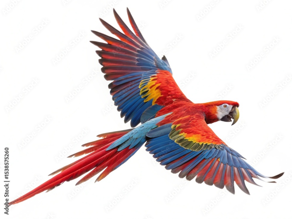 Obraz premium Scarlet macaw in flight with vibrant red, blue, and yellow feathers