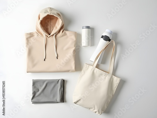 A clean editorial flatlay featuring carefully arranged aesthetic merchandise items with neatly folded hoodie, one white sport tumbler, etc