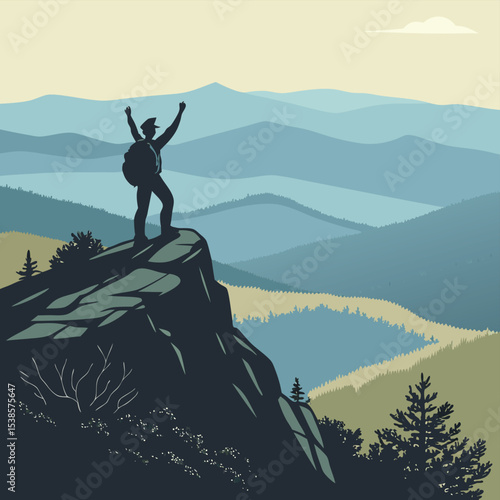 Silhouette of a hiker with backpack on a mountain peak with arms raised in celebration of success