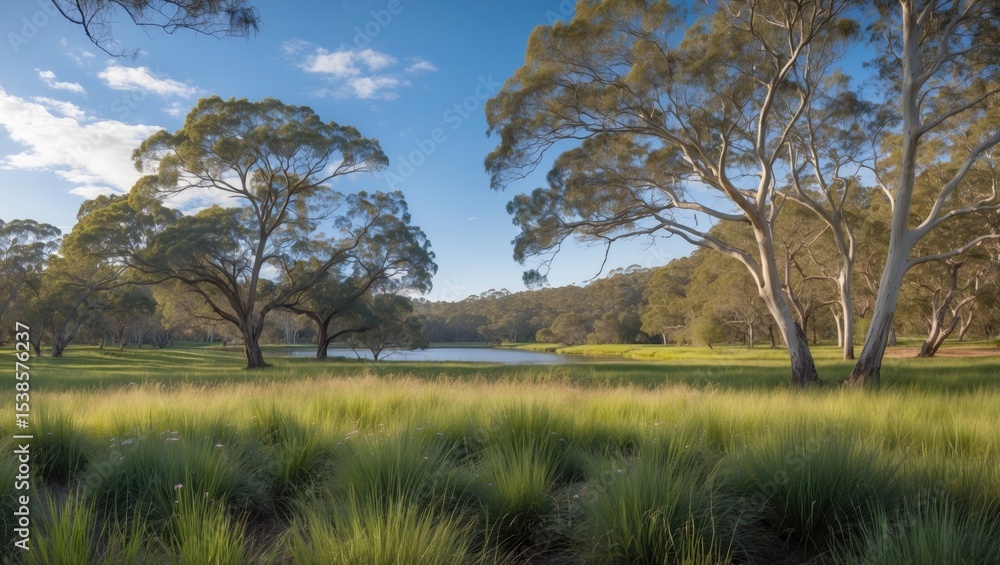Obraz premium Scenic wilderness scene near a tranquil lake in a suburban park setting