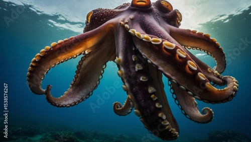 Low-angle view of a Common Octopus swimming in deep blue ocean water
