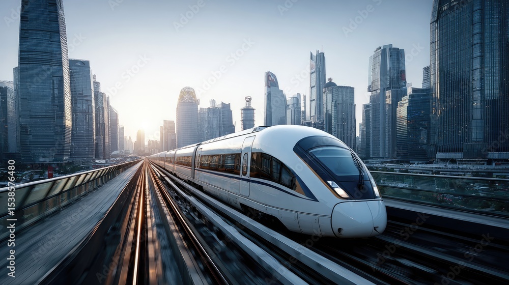 Naklejka premium High-Speed Rail in the City: A modern high-speed train glides swiftly along elevated tracks, set against the backdrop of a futuristic city skyline, under the clear sky.