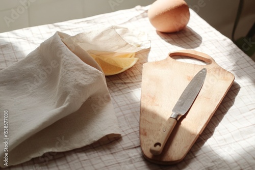 Wallpaper Mural Rustic kitchen scene with wooden cutting board, knife, linen cloth, lemons, and egg Torontodigital.ca