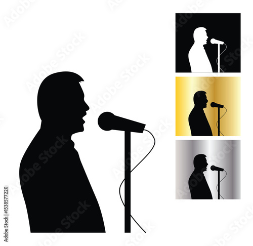 Silhouette Bust of Man Speaking into Microphone Isolated on White. People and public business speech for the audience vector art