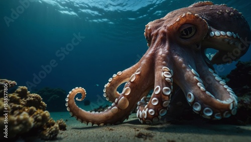 Fototapeta Naklejka Na Ścianę i Meble -  Underwater view of an octopus resting on the seafloor near a coral reef