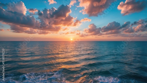 Fototapeta Naklejka Na Ścianę i Meble -  Stunning evening view over the shoreline with vibrant colors in the sky and shimmering ocean waters