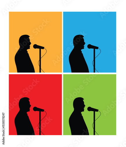 Bust of Man Speaking into Microphone Silhouette on Colorful Background. People and public business speech for the audience vector art