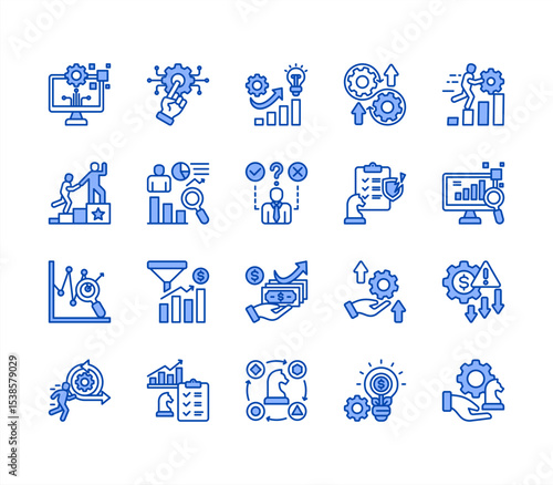 Strategic evolution icon set with Digital transformation, Technology, Innovation, Adaptation, Resilience, Growth, Strategic management.