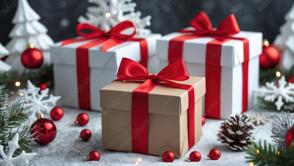 Holiday greeting card with festive gift boxes and winter-themed decorations Holiday greeting card with festive gift boxes and winter-themed decorations