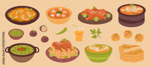North Indian Food Set with Curries, Paneer, and Bread