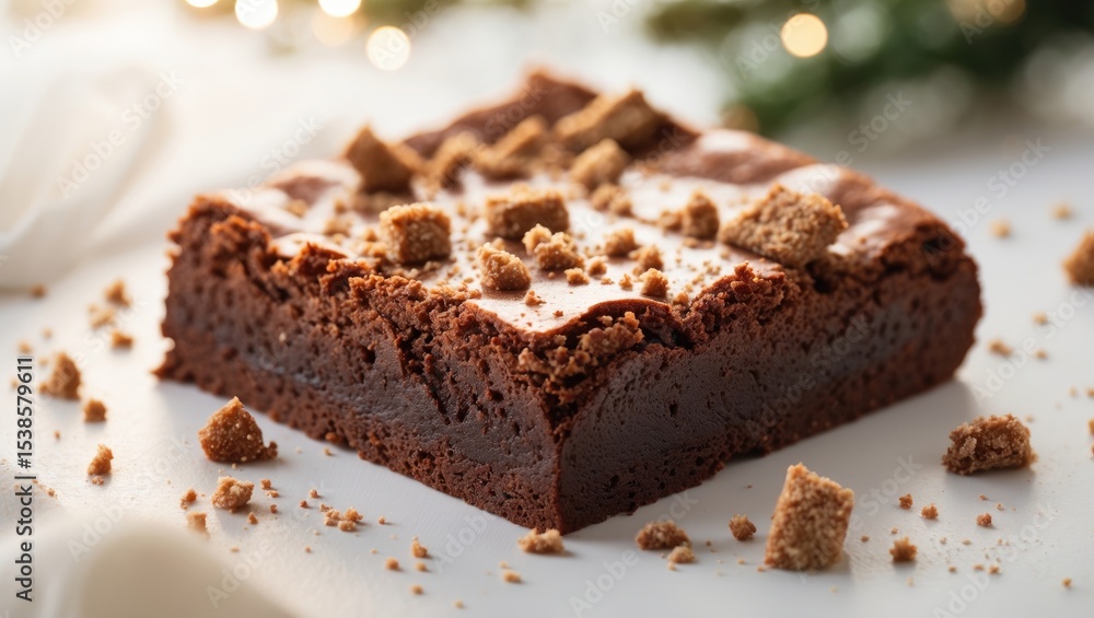 Delicious chocolate brownie topped with crumbs on a white surface Delicious chocolate brownie topped with crumbs on a white surface