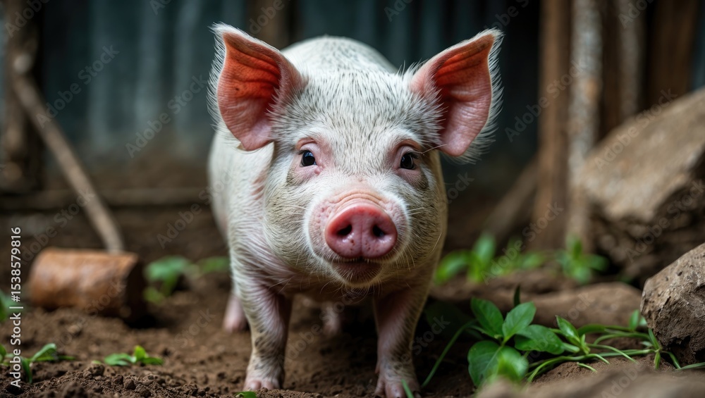 A small domesticated pig with a distinctive rounded belly A small domesticated pig with a distinctive rounded belly