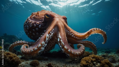 Close up view of an Octopus with its tentacles extended underwater