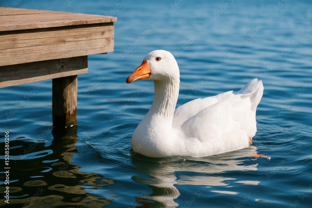Obraz premium A snowy goose gliding across the water near the dock