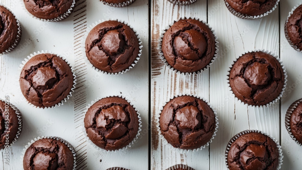 Delicious chocolate cupcakes displayed on a rustic white wooden surface Delicious chocolate cupcakes displayed on a rustic white wooden surface