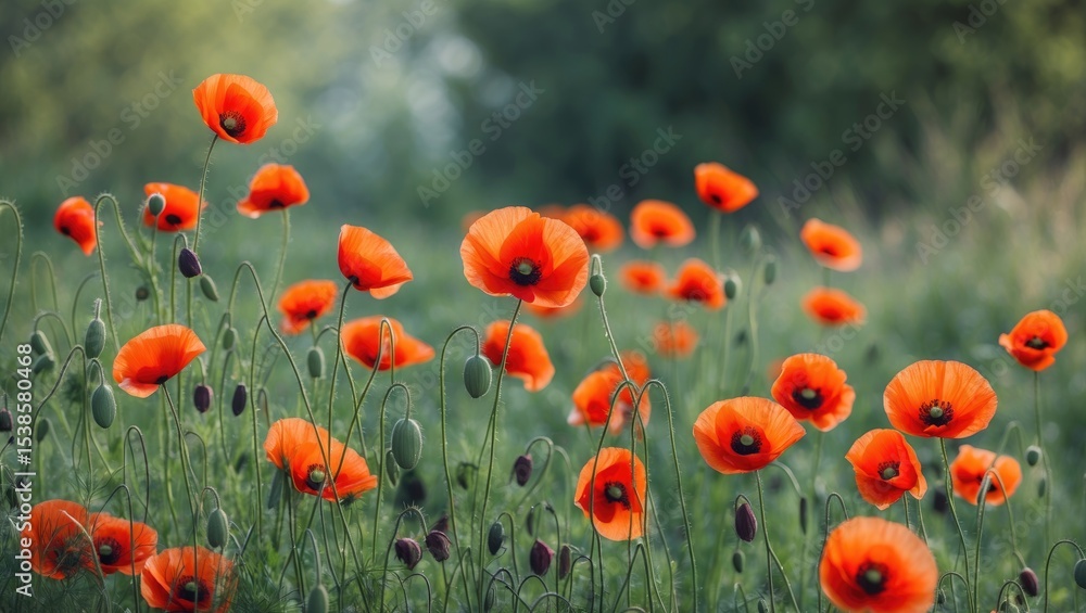 Fototapeta premium Vivid scarlet poppies blooming naturally in the wilderness