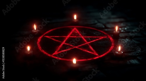 A glowing red pentagram surrounded by lit candles creating a mystical atmosphere on a dark surface.
